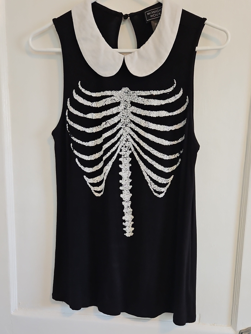 Midnight Hour Black Tank with White Peter Pan Collar & Sequin Skeleton
